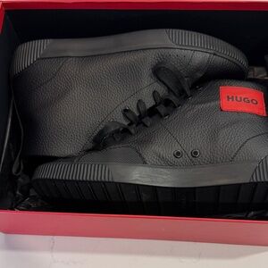 HUGO Black Textured Sneakers with Red Accent